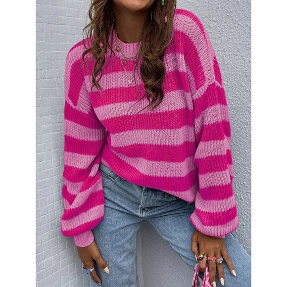 soft knit crew neck preppy striped sweater pink - Picture 1 of 2